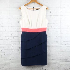 CONNECTED APPAREL IVORY & BLUE DRESS WITH PINK WAIST DETAIL SLEEVELESS DRESS